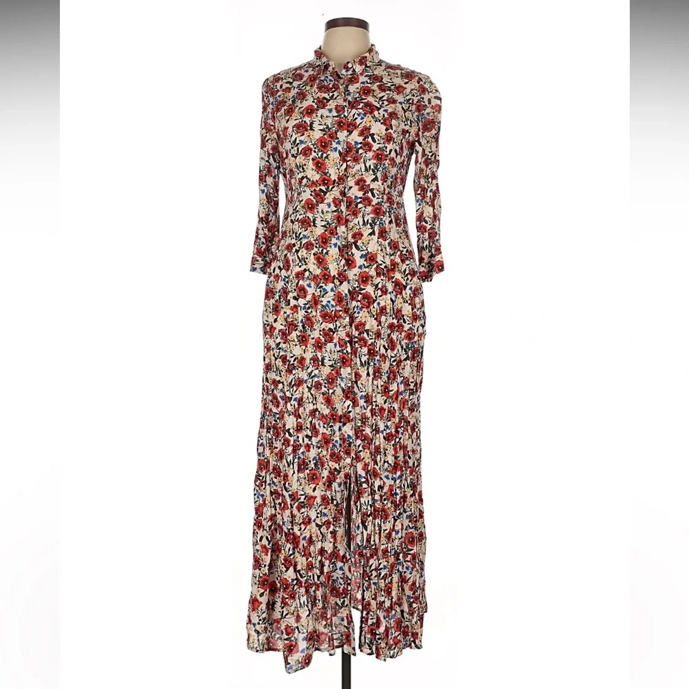 Zara White Floral Long Sleeve Wrap Dress with Red Accents - Picture 7 of 9